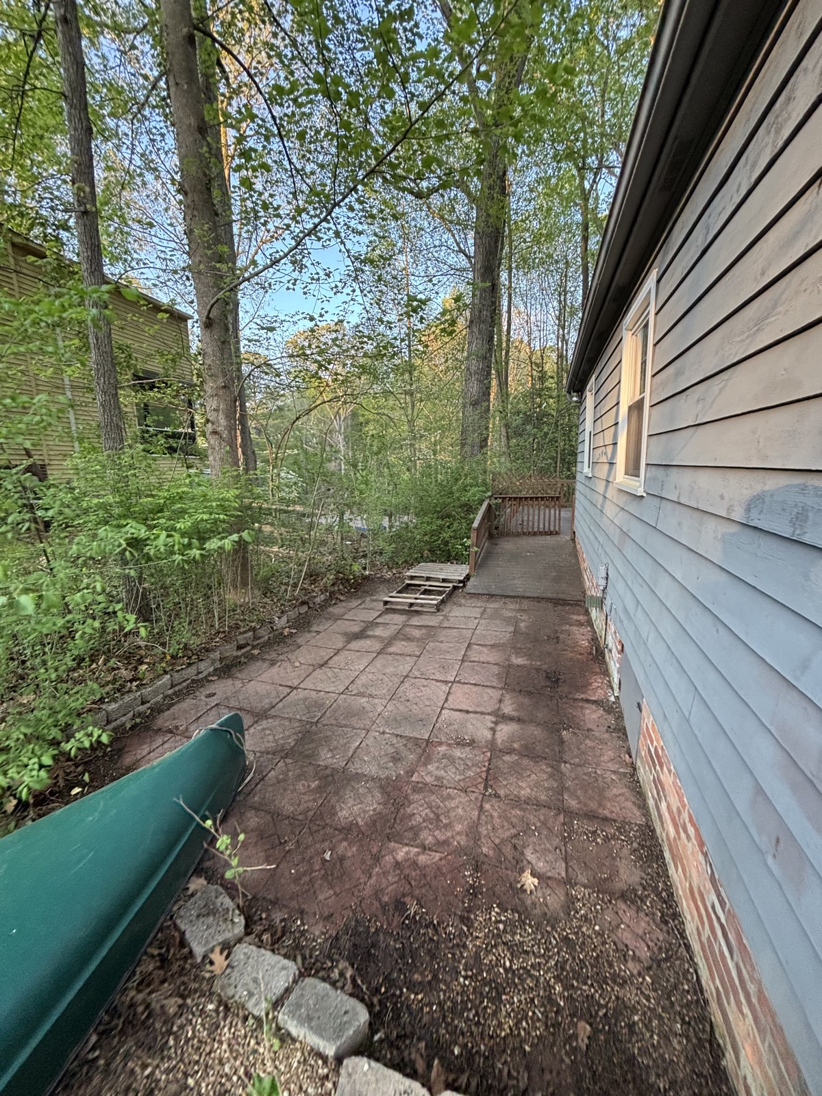 Side yard path cleared and patio exposed after cleanup