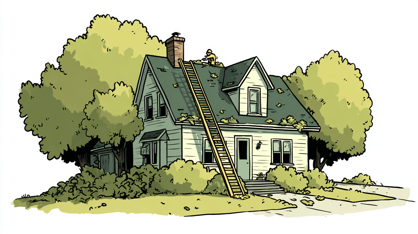 Illustration of a person on a ladder doing outdoor home maintenance