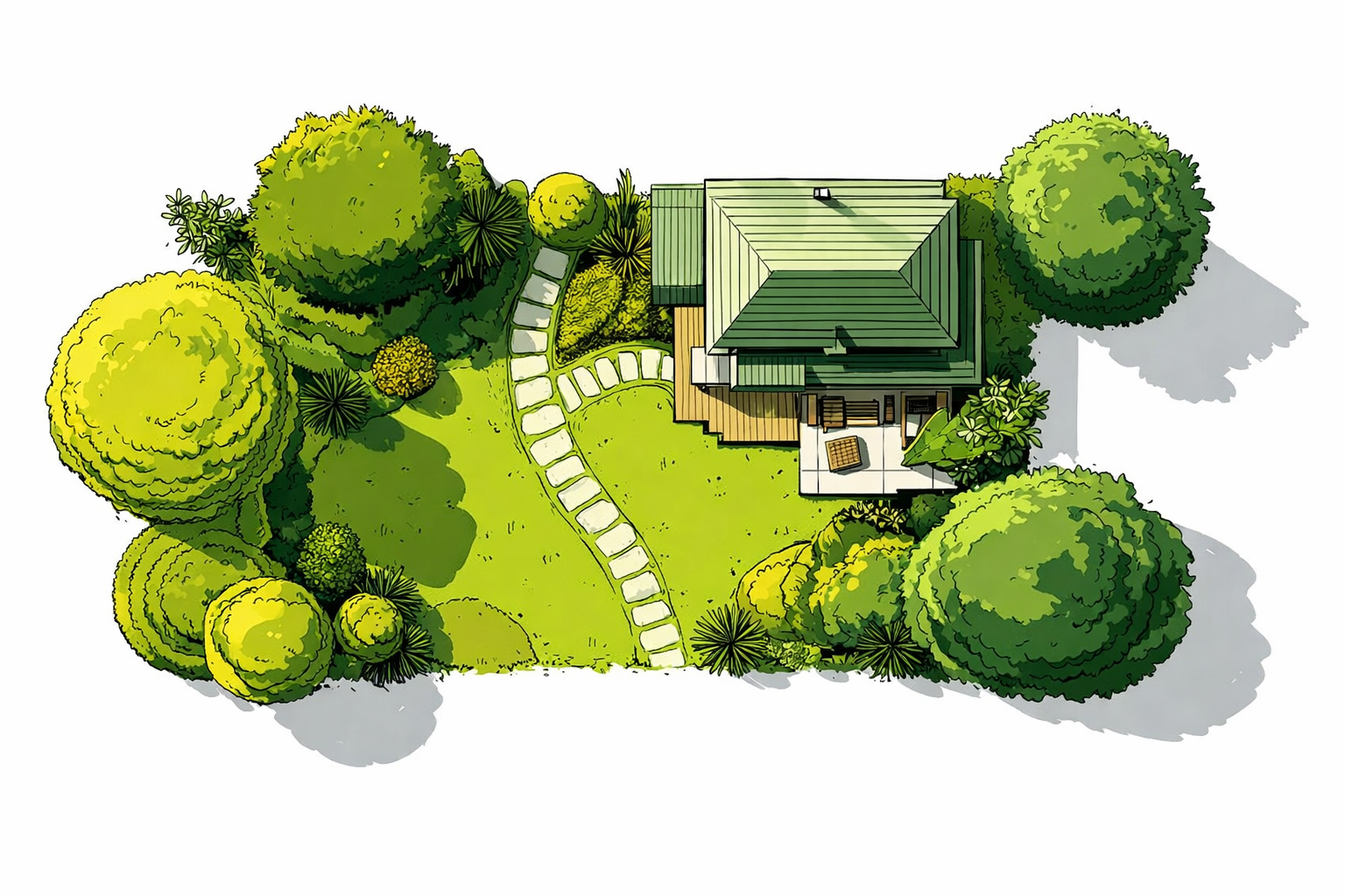Top-down illustration of a landscaped yard with a house, trees, and garden beds