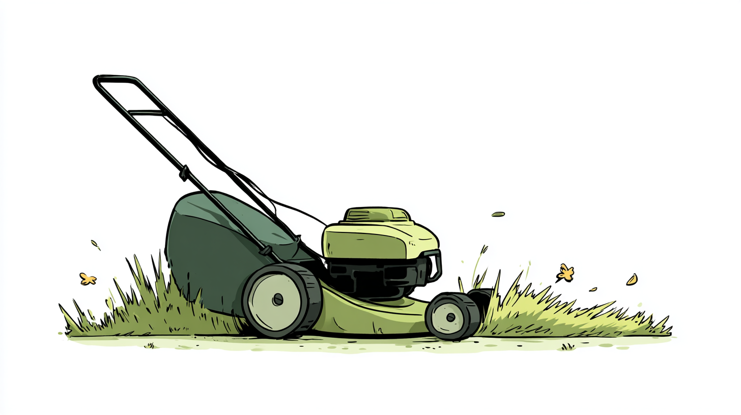 Illustration of a push mower in fresh-cut grass