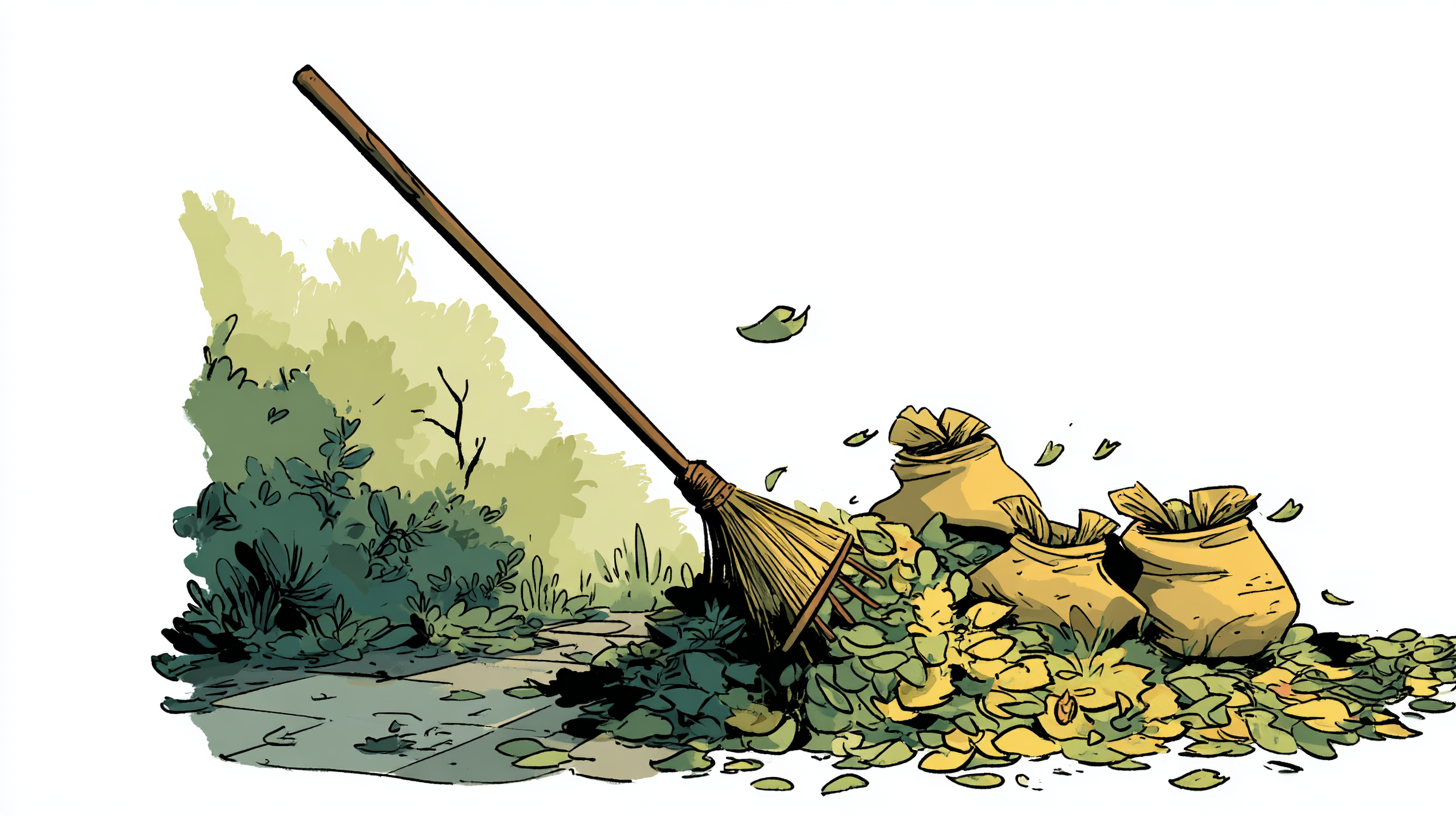 Illustration of a fall leaf cleanup with a rake and pile of leaves