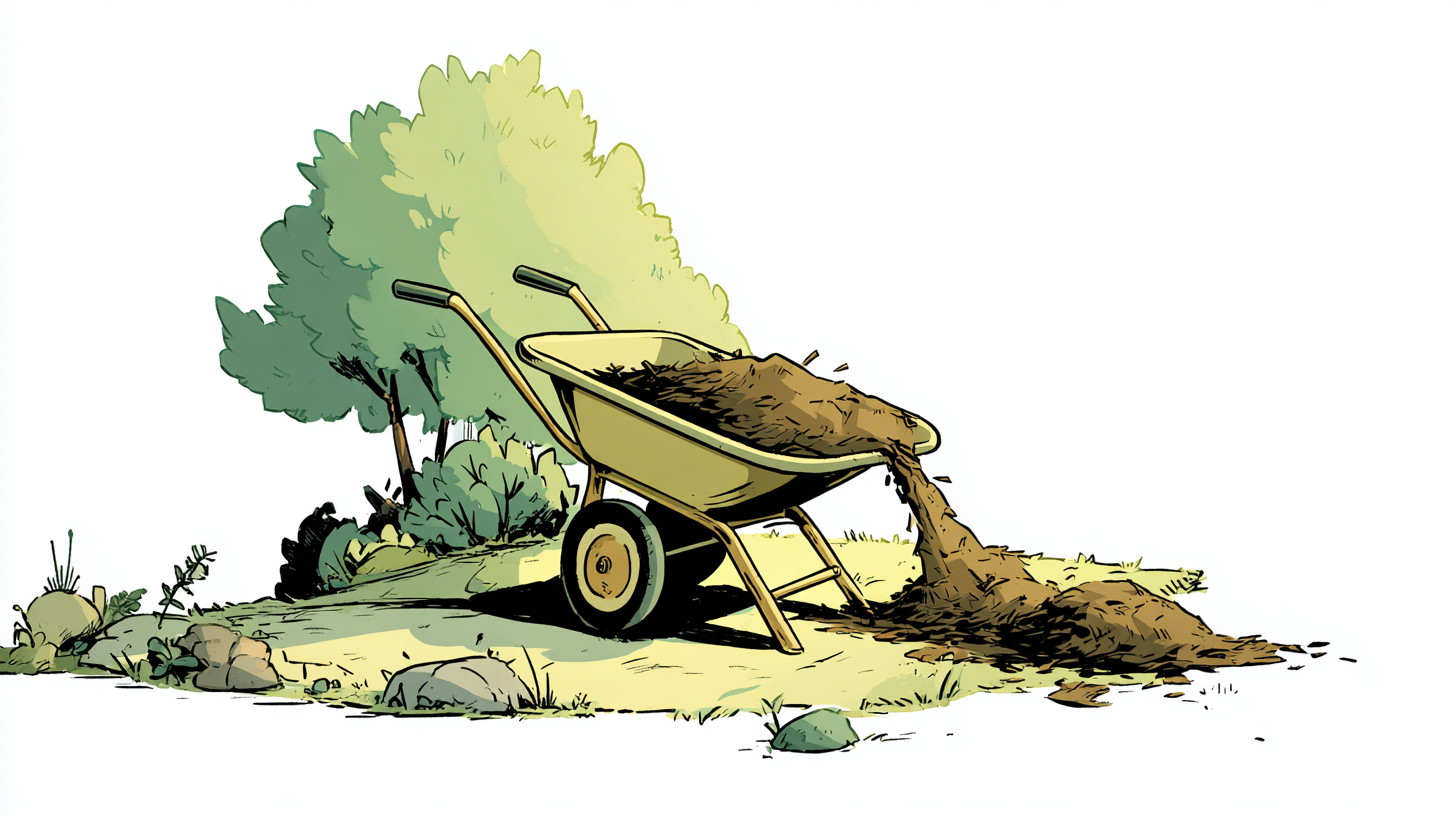Illustration of a wheelbarrow tipped over with a fresh pile of mulch