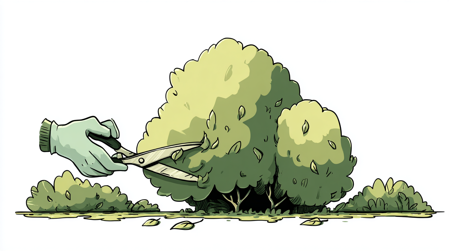 Illustration of a gloved hand trimming a shrub with hand shears